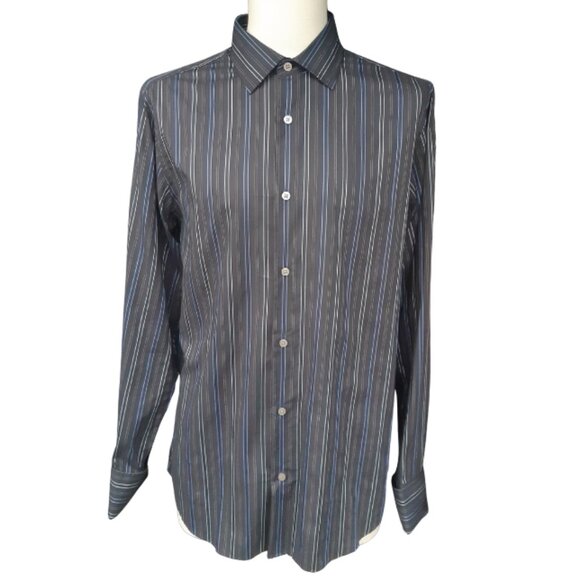 Banana Republic SZ 15.5 French Cuff Cotton Men's Black Striped Button Up Shirt - Picture 1 of 16